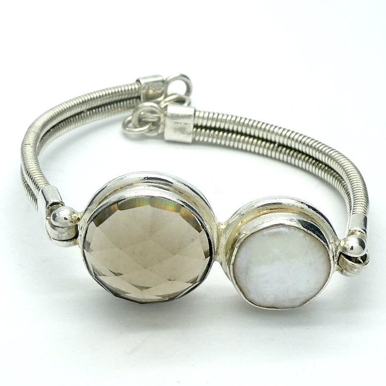 Smoky Quartz Bracelet | Large Faceted Smoky Quartz with Biwa Pearl | 925 Sterling Silver | Bracelet width 60 to 65 mm | Grounding | Emotionally Healing | Spiritual Empowerment | Genuine Gems from Crystal Heart Melbourne Australia since 1986