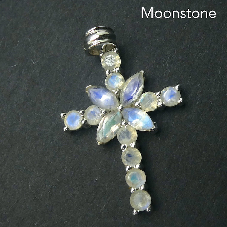 Cross Pendant with Faceted Gemstones, 925 Sterling Silver