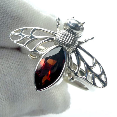 Bee Jewelry Ring | 925 Sterling silver | Faceted Garnet | Life Like | Wings in Flight | Creativity fertility Goddess wisdom power | Melissa | Merovingian | Genuine Gems from Crystal Heart Melbourne Australia since 1986