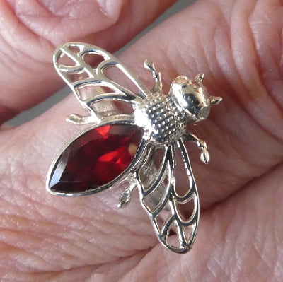 Bee Jewelry Ring | 925 Sterling silver | Faceted Garnet | Life Like | Wings in Flight | Creativity fertility Goddess wisdom power | Melissa | Merovingian | Genuine Gems from Crystal Heart Melbourne Australia since 1986