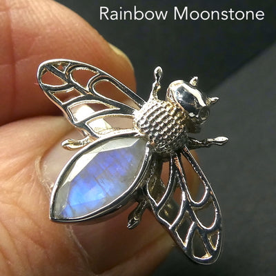 Bee Jewelry Pendant | 925 Sterling silver | Faceted Moonstone | Life Like | Wings in Flight | Creativity fertility Goddess wisdom power | Melissa | Merovingian | Genuine Gems from Crystal Heart Melbourne Australia since 1986