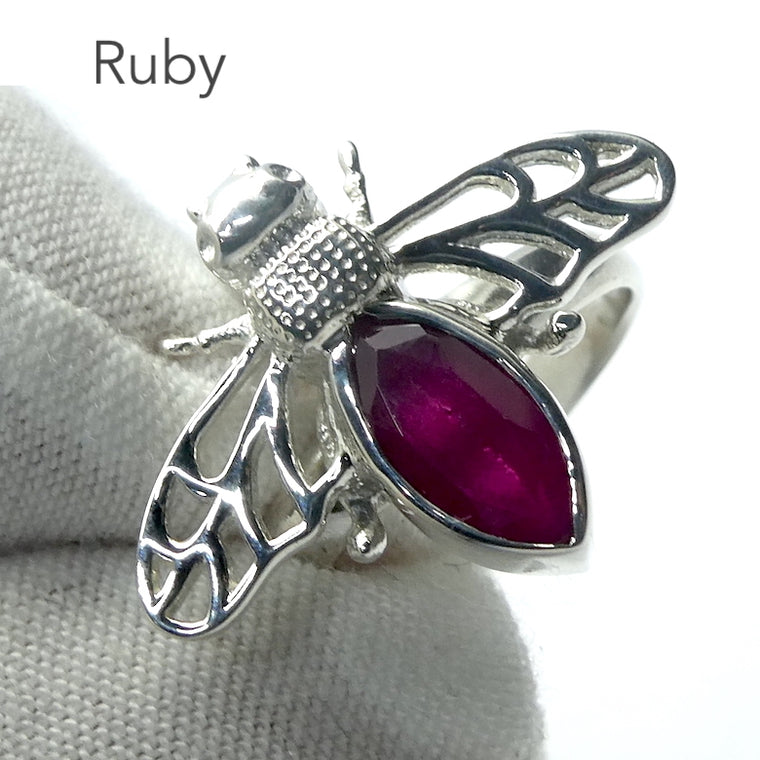 Bee Ring with Faceted Ruby, 925 Sterling Silver