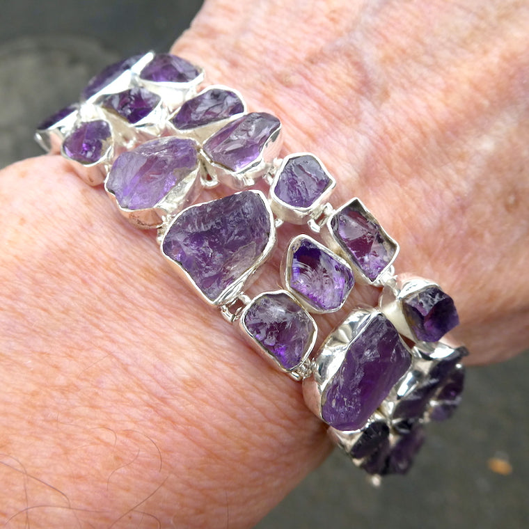 Amethyst Bracelet, Wide band of Gemmy Raw Nuggets, 925 Silver,