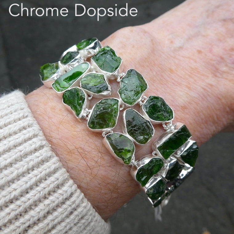Chrome Diopside Bracelet, Wide band Gemmy Raw Nuggets, 925 Silver,