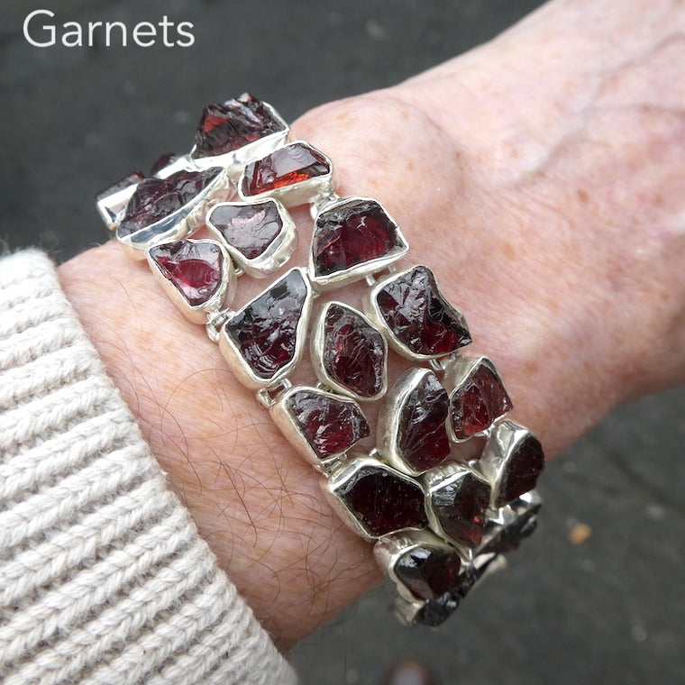 Garnet Bracelet, Gemmy Raw Nuggets in Wide Band, 925 Silver,