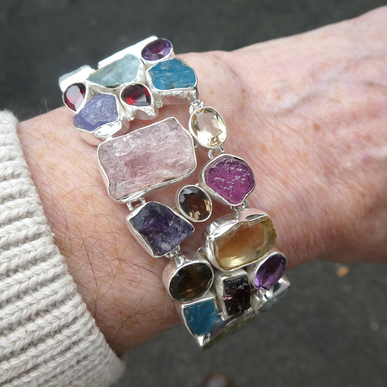 Gemstone Bracelet with multiple Raw Nuggets in Wide Band, 925 Silver,