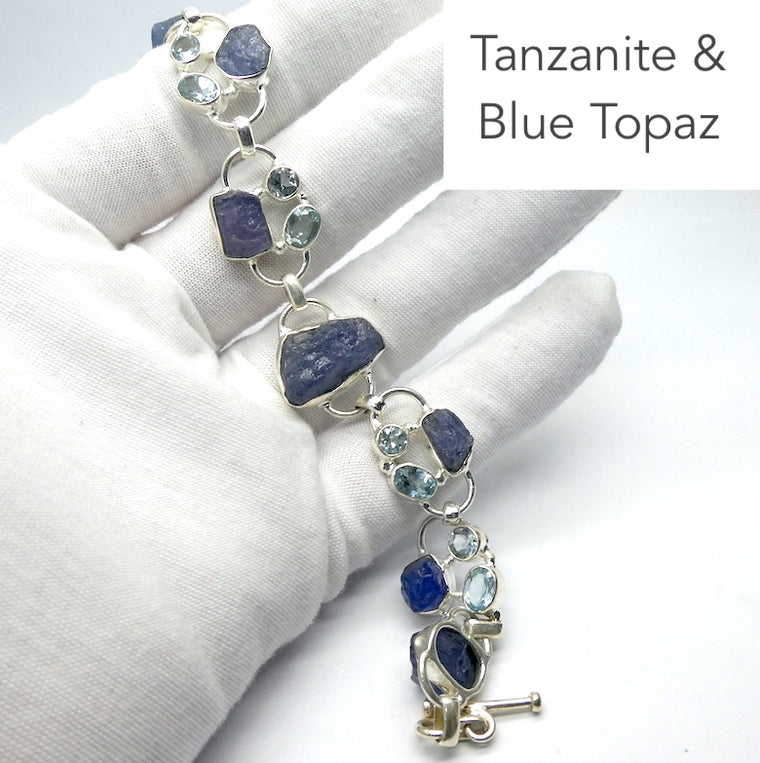 Tanzanite Bracelet, Raw Nuggets with Faceted Blue Topaz, 925 Silver
