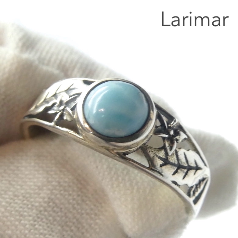 Larimar Ring | 925 Sterling Silver | Cabochon | Petite | Leaf Pattern | US Size 6 | 6.75 | 8 | 8.5 |  Dominican Republic Caribbean | Leo Stone | Pectolite Variety | Oceanic Sky Blue with White Couds | Genuine Gems from Crystal Heart Melbourne Australia since 1986