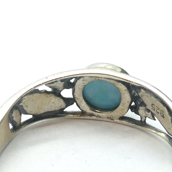 Larimar Ring | 925 Sterling Silver | Cabochon | Petite | Leaf Pattern | US Size 6 | 6.75 | 8 | 8.5 |  Dominican Republic Caribbean | Leo Stone | Pectolite Variety | Oceanic Sky Blue with White Couds | Genuine Gems from Crystal Heart Melbourne Australia since 1986
