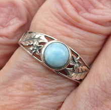 Load image into Gallery viewer, Larimar Ring | 925 Sterling Silver | Cabochon | Petite | Leaf Pattern | US Size 6 | 6.75 | 8 | 8.5 |  Dominican Republic Caribbean | Leo Stone | Pectolite Variety | Oceanic Sky Blue with White Couds | Genuine Gems from Crystal Heart Melbourne Australia since 1986