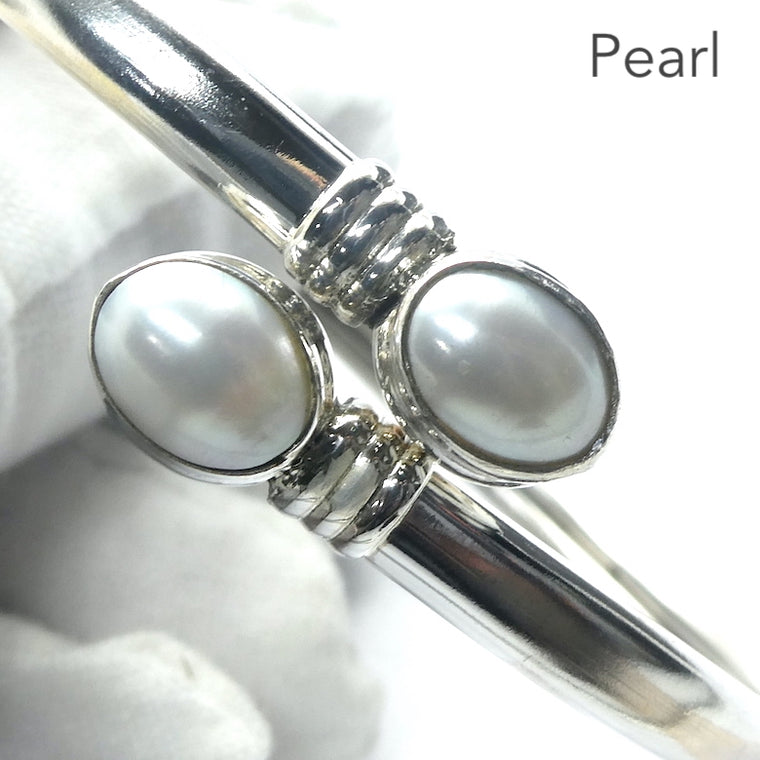 Pearl Cuff Bracelet Bangle, Oval Cabochons, 925 Sterling Silver