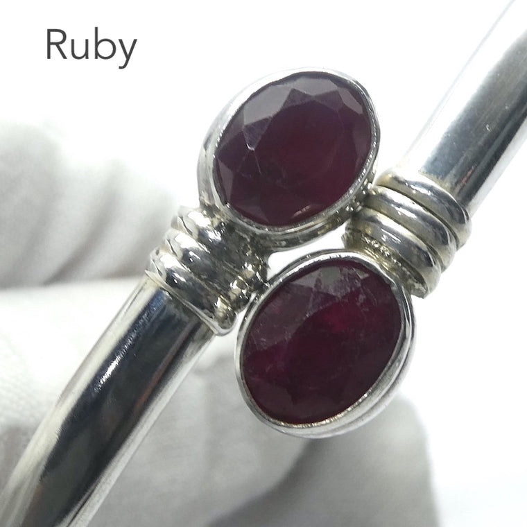 Ruby Cuff Bracelet Bangle, Oval Cabochons, 925 Sterling Silver