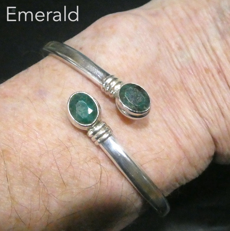 Emerald Gemstone Bracelet | Open Adjustable Bracelet Cuff Bangle style | Two oval cabochons | Heart Wisdom | Genuine Gemstones from Crystal Heart Melbourne Australia since 1986