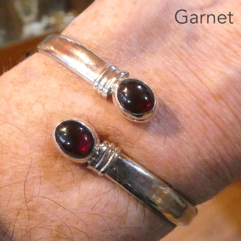 Garnet Gemstone Bracelet | Open Adjustable Bracelet Cuff Bangle style | Two oval cabochons | Heart Centred Energy | Genuine Gemstones from Crystal Heart Melbourne Australia since 1986