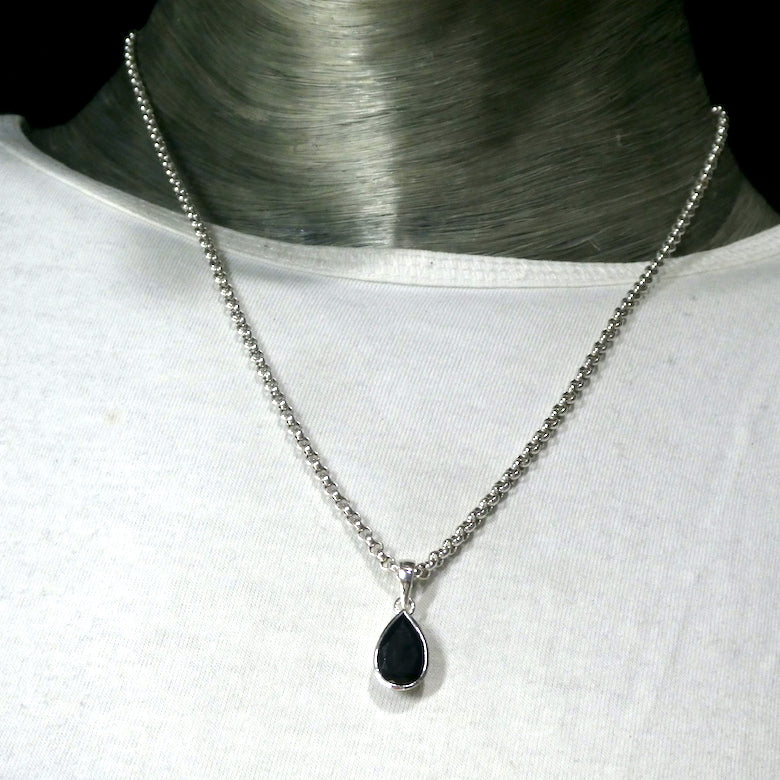 Black Tourmaline Pendant, Faceted Teardrop, 925 Sterling Silver