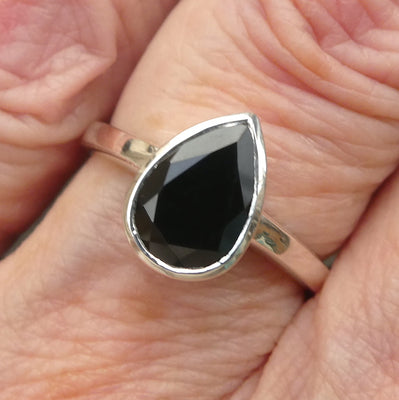 Black Tourmaline Ring | Faceted Teardrop | 925 Sterling Silver | US Ring Size 6,7,8 or 9 |  Empowers and unblocks the physical | protection from negative energies | Genuine Gems from Crystal Heart Melbourne Australia since 1986 