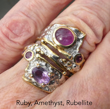 Load image into Gallery viewer, Genuine Ruby Cabochon, Faceted Amethyst, Rubellite Accents  | Unique one off design | Distressed 925 Silver with Gold Highlights | Spiral Twist | Genuine Gems from Crystal Heart Melbourne 1986
