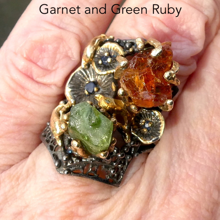 Green Ruby and Hessonite Garnet Ring, Unique Design in Sterling Silver & 24 Kt Gold Plate