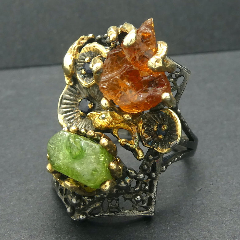 Designer Ring | Orange Hessonite Garnet and Green Ruby Nuggets | Unique one off design | Distressed 925 Silver with Gold Highlights | Floral Design | Genuine Gems from Crystal Heart Melbourne since 1986