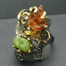 Load image into Gallery viewer, Designer Ring | Orange Hessonite Garnet and Green Ruby Nuggets | Unique one off design | Distressed 925 Silver with Gold Highlights | Floral Design | Genuine Gems from Crystal Heart Melbourne since 1986