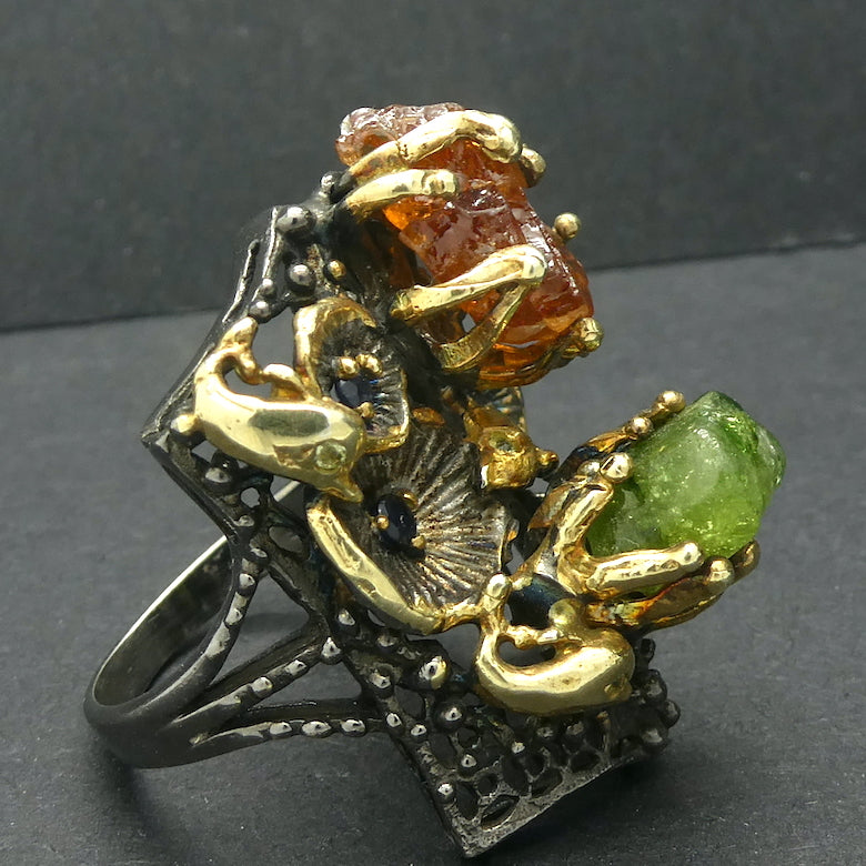 Designer Ring | Orange Hessonite Garnet and Green Ruby Nuggets | Unique one off design | Distressed 925 Silver with Gold Highlights | Floral Design | Genuine Gems from Crystal Heart Melbourne since 1986