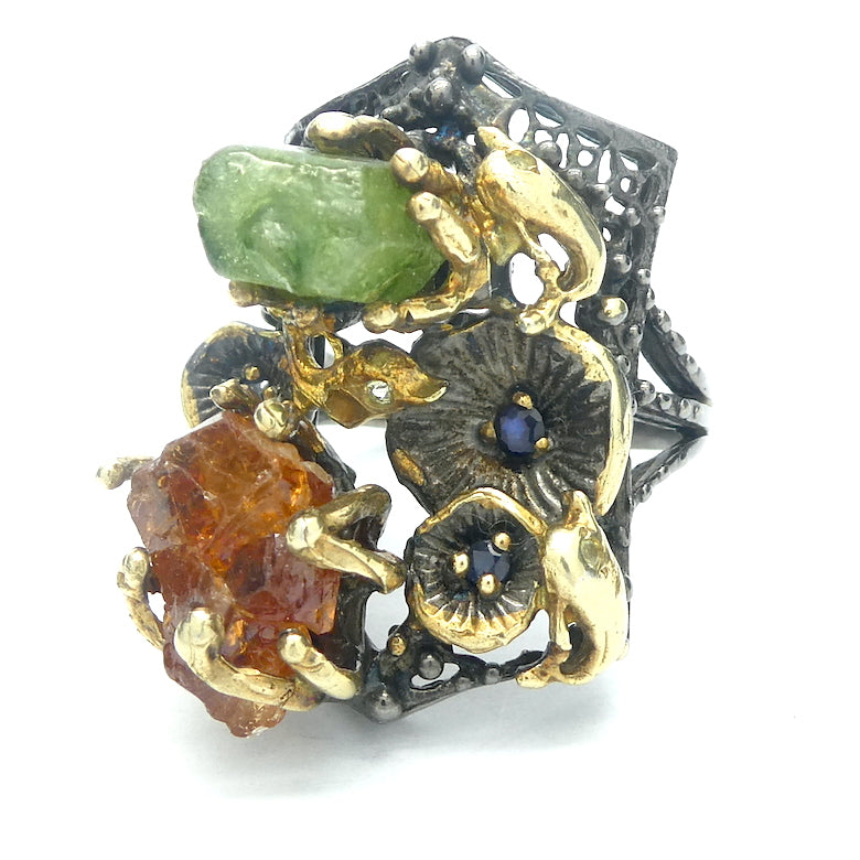 Designer Ring | Orange Hessonite Garnet and Green Ruby Nuggets | Unique one off design | Distressed 925 Silver with Gold Highlights | Floral Design | Genuine Gems from Crystal Heart Melbourne since 1986