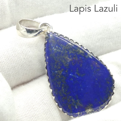 Lapis Lazuli Pendant | Teardrop Cabochon | Perfect Blue Consistent Colour |  Golden flecks of Pyrites | Bezel Set  925 Sterling Silver | Open Back | Messenger of the Gods | Meditation | Inner Truth | Genuine Gems from Crystal Heart Melbourne Australia since 1986
