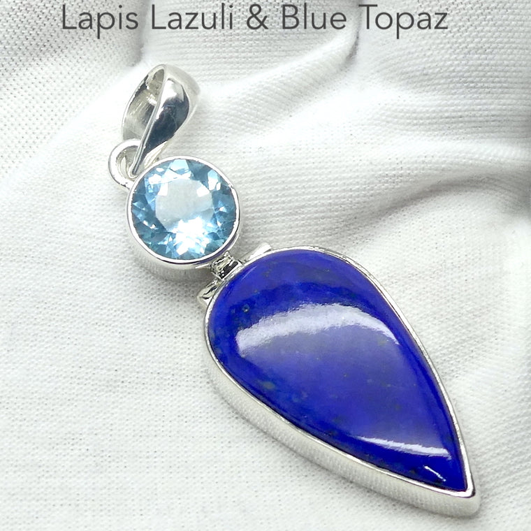 Lapis Lazuli Pendant, Teardrop Cabochon with Faceted Blue Topaz, 925 Sterling Silver