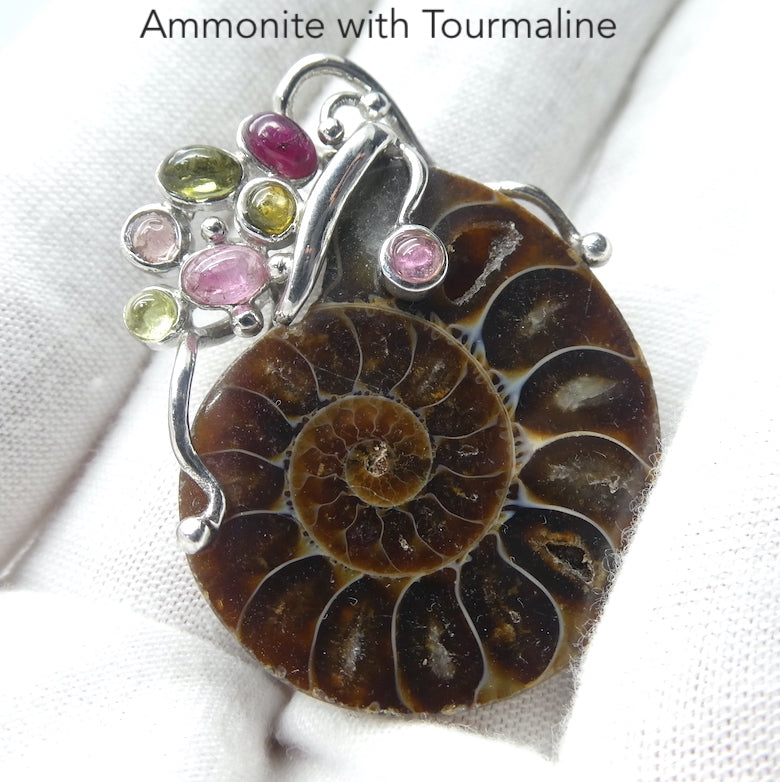 Ammonite Fossil Pendant |Orange Amber Aragonite Crysta inclusionl | Seven Tourmaline Cabochons  Gteen | Pink | Yellow | Redirecting energy | Unblocking Chakras | Helps your energy spiral out into the world yet be protected | Genuine Gems from Crystal Heart Australia Melbourne Australia since 1986