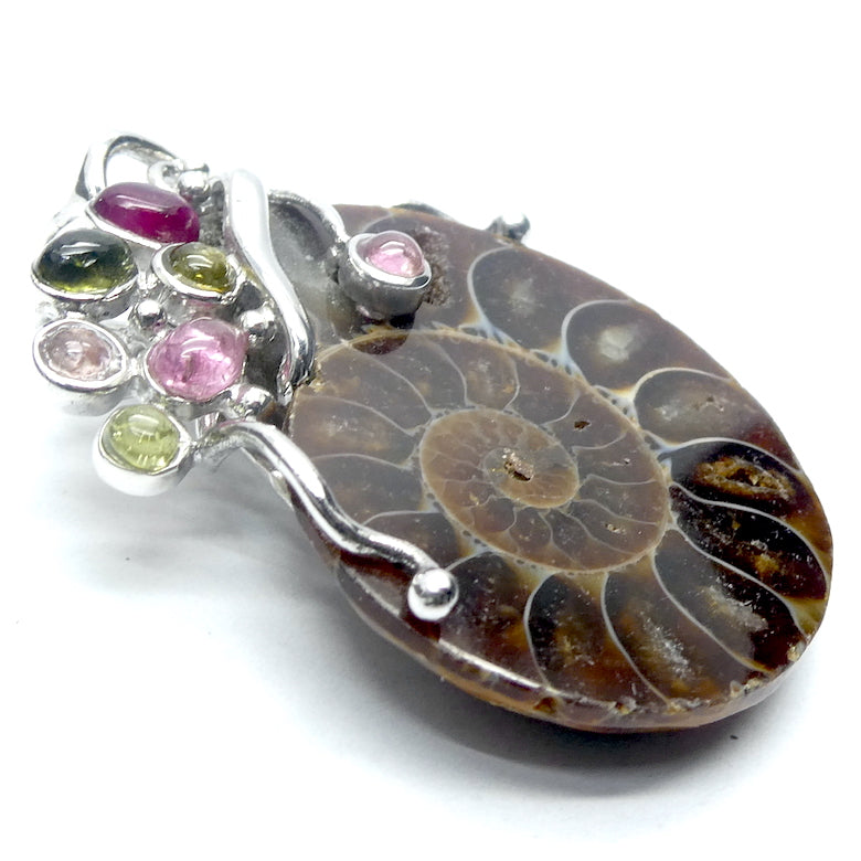 Ammonite Fossil Pendant |Orange Amber Aragonite Crysta inclusionl | Seven Tourmaline Cabochons  Gteen | Pink | Yellow | Redirecting energy | Unblocking Chakras | Helps your energy spiral out into the world yet be protected | Genuine Gems from Crystal Heart Australia Melbourne Australia since 1986