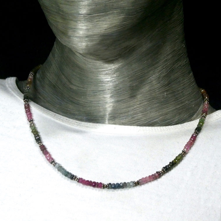 Tourmaline Necklace, Faceted Multicolor Beads, 925 Sterling Silver