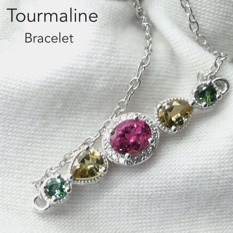 Tourmaline Bracelet. Dainty Red, Yellow and Green Facets, 925 Silver