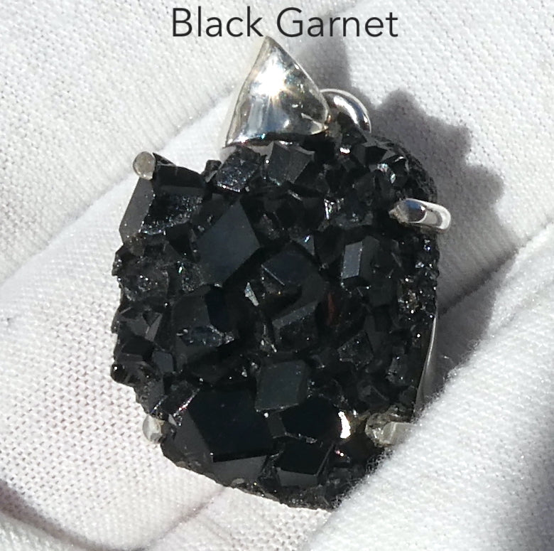 Natural Black Garnet Druse Pendant | Large well formed Crystals | 925 Sterling Silver | Rare Specimen | AKA Melanite | Heart Centred Power with cool clarity | Stamina Strength | repel negativity | Crystal Heart Melbourne Australia since 1986
