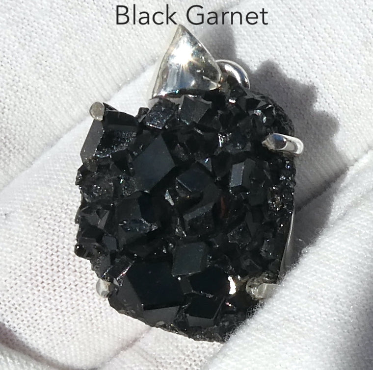 Garnet Pendant, Black Druzy Crystals, 925 Sterling Silver