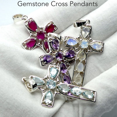 Cross Pendant | Medium Size | Seven 7 Gemstones | 925 Sterling Silver | Amethyst | Ruby | Moonstone | Topaz | Genuine Gems from Crystal Heart Melbourne Australia since 1986