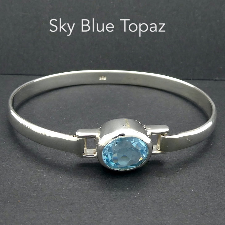 Blue Topaz Bracelet Bangle, Faceted Oval, 925 Sterling Silver
