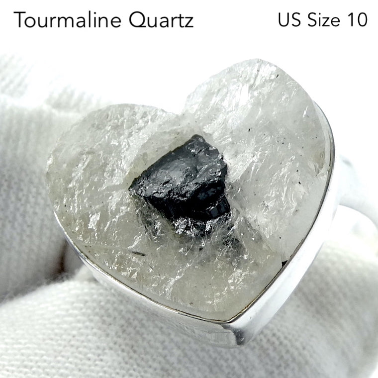 Tourmaline in Clear Quartz Ring, Heart Shaped Raw Stone, 925 Silver