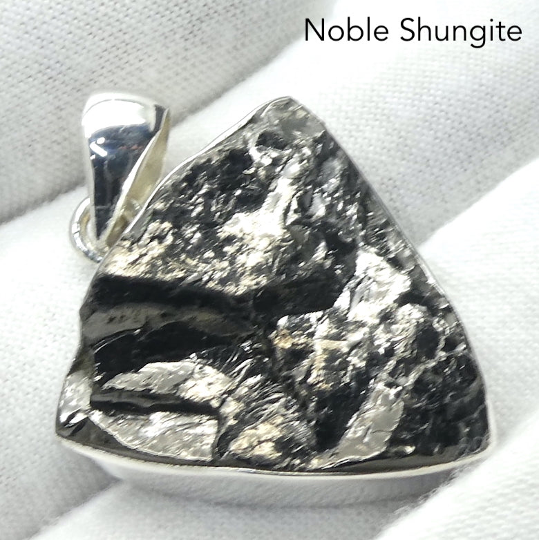 Noble Shungite Pendant | Raw Unpolished Triangle | Trilliant | 925 Sterling Silver | Major Healing Stone | Fullerenes and Buckyballs | Purify Water | Channel Calm Healing Universal Energy | Protect from EMFs | Genuine Gems from Crystal Heart Melbourne Australia since 1986