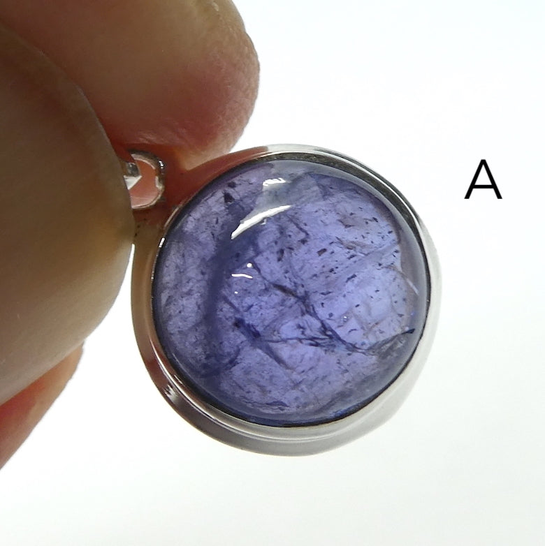 Tanzanite Gemstone Pendant  | Small  Cabochon | Bezel Set | Open Back | Nice blue violet | Good Transparency | Fascinating Veils | inclusions | 925 Sterling Silver | Achieve your spiritual potential  | Genuine Gems from Crystal Heart Melbourne since 1986