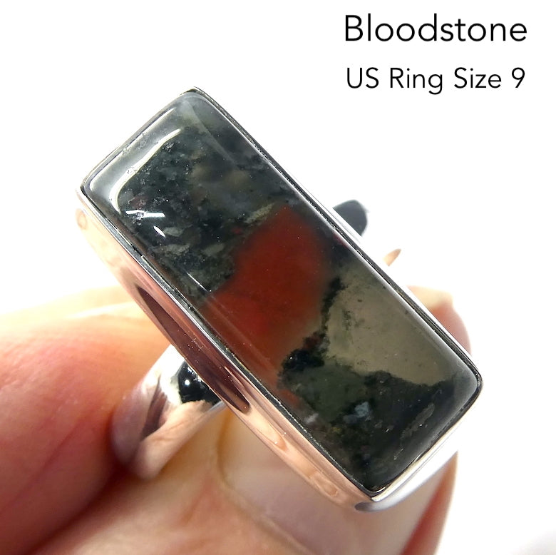 Bloodstone or Heliotrope Ring | Cabochon | US Ring Size 9 | AUS Size R1/2 | Blood Red Spots in Green Jasper | Easter Stone | 925 Sterling Silver | Kundalini Healing and transformation | Genuine Gems from Crystal Heart Melbourne Australia since 1986