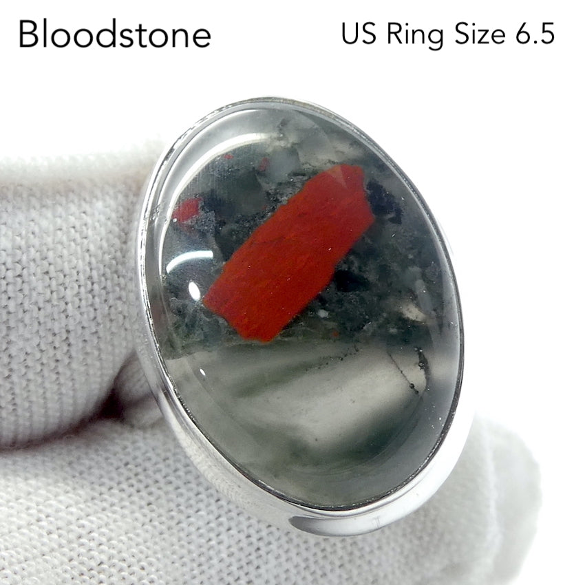 Bloodstone or Heliotrope Ring | Cabochon | US Ring Size 6.5 | AUS Size M1/2 | Blood Red Spots in Green Chalcedony | Easter Stone | 925 Sterling Silver | Kundalini Healing and transformation | Genuine Gems from Crystal Heart Melbourne Australia since 1986