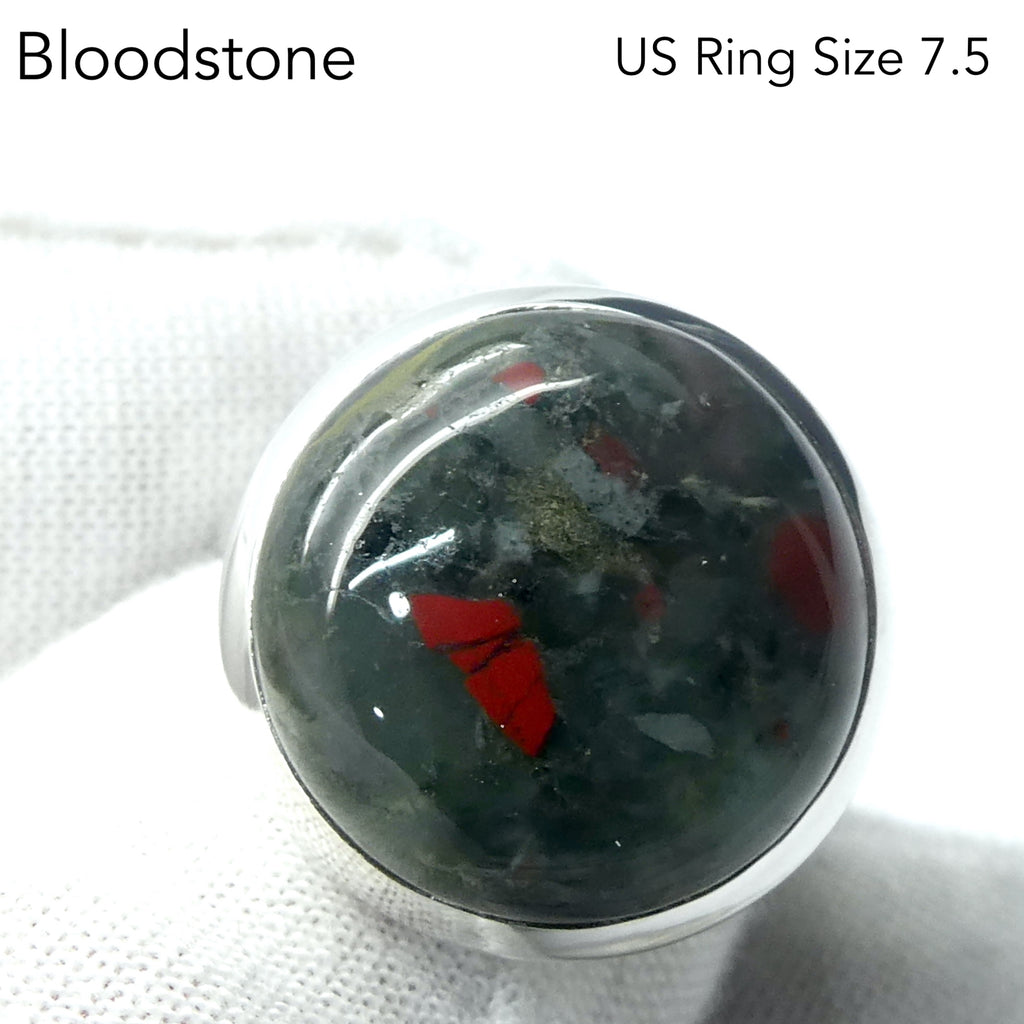 Bloodstone or Heliotrope Ring | Cabochon | US Ring Size 7.5 | AUS Size O1/2 | Blood Red Spots in Green Chalcedony | Easter Stone | 925 Sterling Silver | Kundalini Healing and transformation | Genuine Gems from Crystal Heart Melbourne Australia since 1986