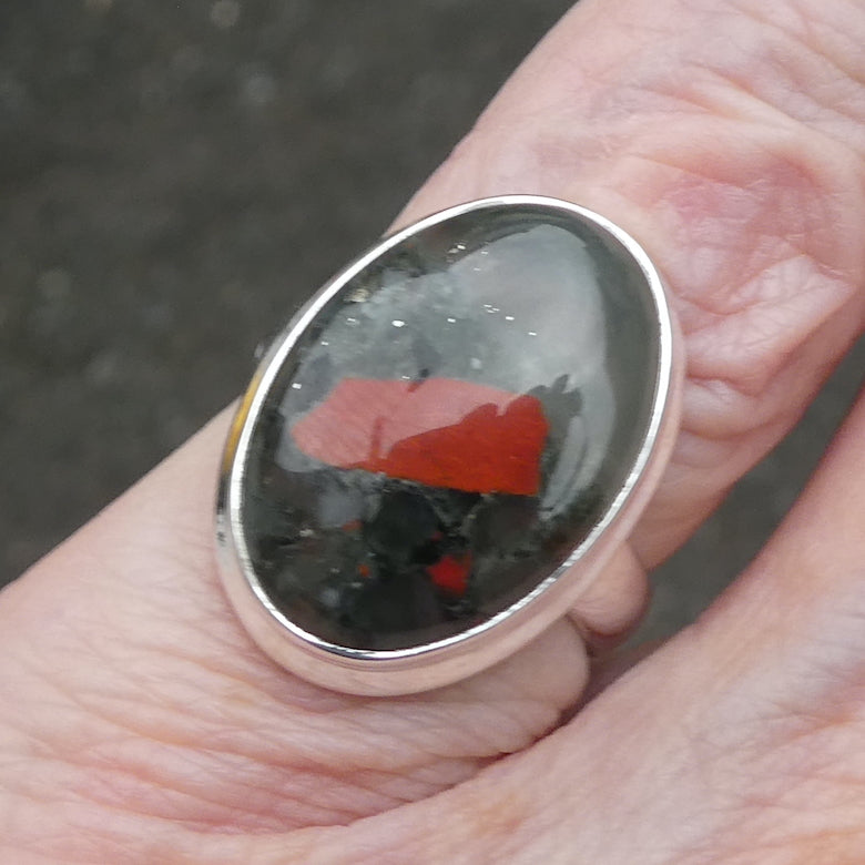 Bloodstone or Heliotrope Ring | Cabochon | US Ring Size 6.5 | AUS Size M1/2 | Blood Red Spots in Green Chalcedony | Easter Stone | 925 Sterling Silver | Kundalini Healing and transformation | Genuine Gems from Crystal Heart Melbourne Australia since 1986