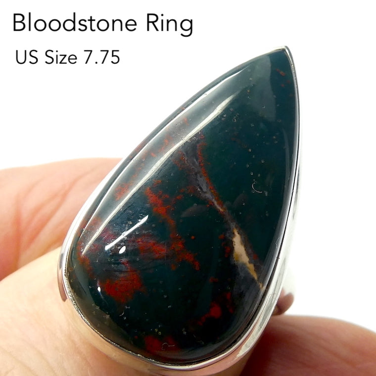 Bloodstone Ring, Teardrop Cabochon, 925 Sterling Silver