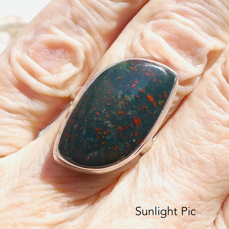 Bloodstone Ring |  Heliotrope | Freeform Cabochon | US Ring Size 7.75 | AUS Size P | Blood Red Spots in Green Chalcedony | Easter Stone | 925 Sterling Silver | Kundalini Healing and transformation | Genuine Gems from Crystal Heart Melbourne Australia since 1986