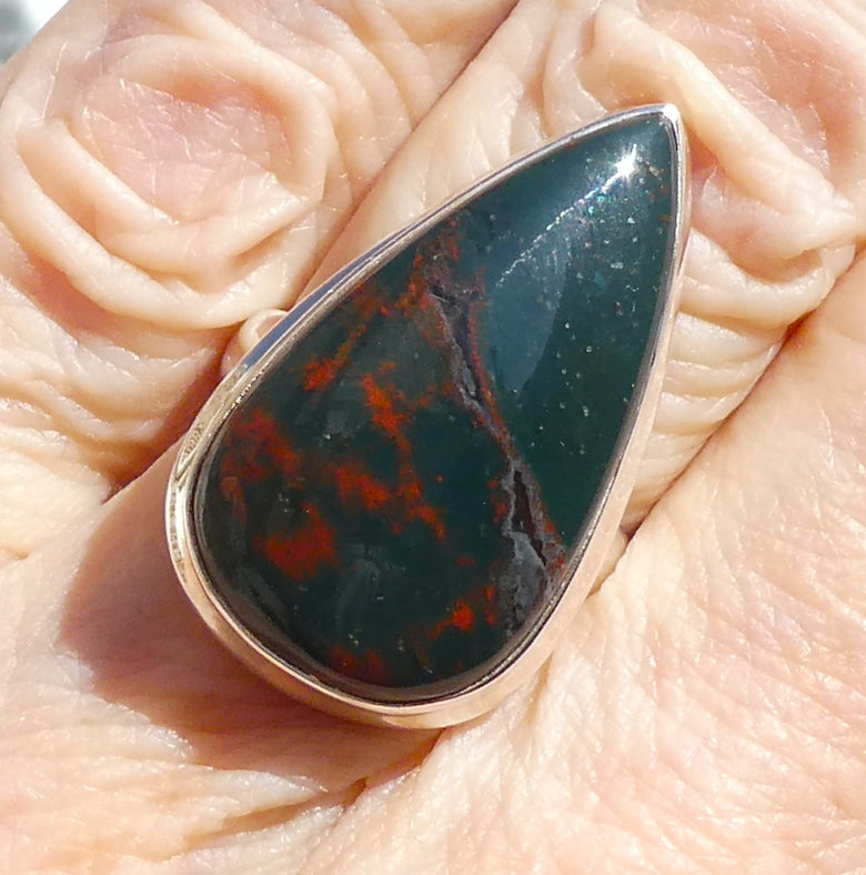 Bloodstone Ring |  Heliotrope | Freeform Cabochon | US Ring Size 7.75 | AUS Size P | Blood Red Spots in Green Chalcedony | Easter Stone | 925 Sterling Silver | Kundalini Healing and transformation | Genuine Gems from Crystal Heart Melbourne Australia since 1986