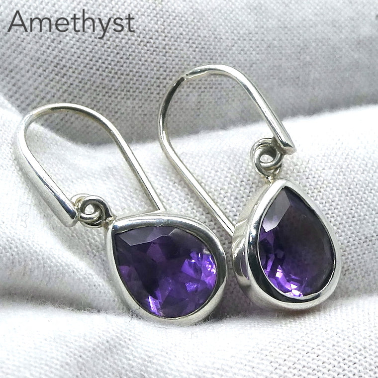 Amethyst Earrings, Faceted Teardrops, 925 Sterling Silver