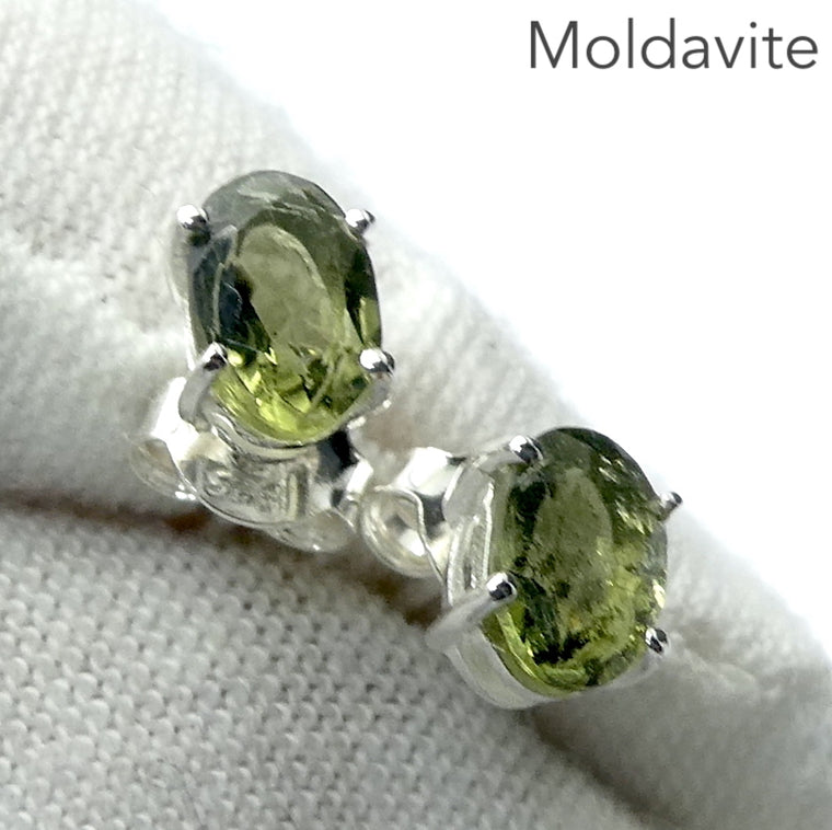 Moldavite Stud Earrings, Faceted Ovals, 925 Sterling Silver