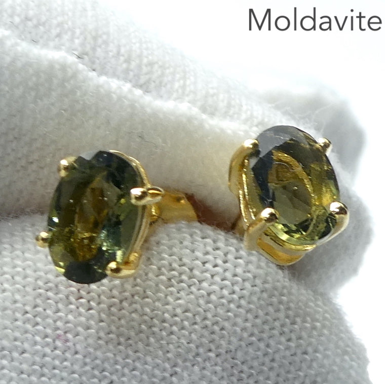 Moldavite Stud Earrings, Faceted Ovals, Gold Plated 925 Sterling Silver