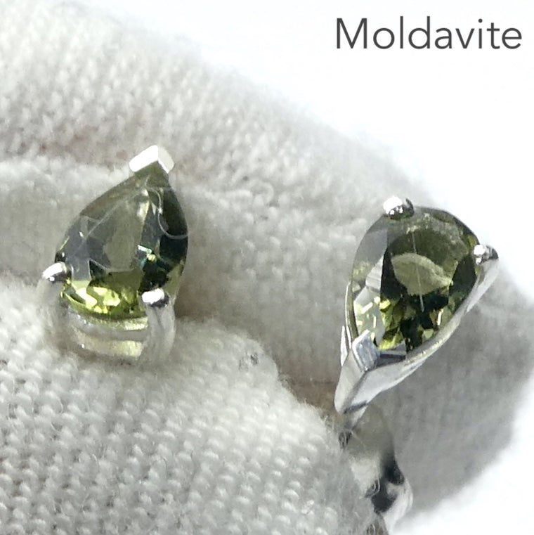Moldavite Stud Earrings, Faceted Teardrops, 925 Sterling Silver